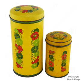 Boîte à biscuits cylindrique jaune Verkade vintage et demi-biscuit avec motif de capucine