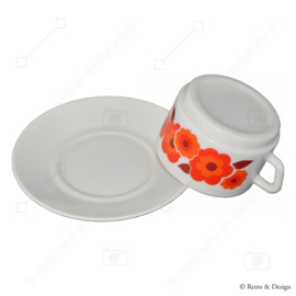 Arcopal Lotus soup bowl in orange/red floral pattern + saucer