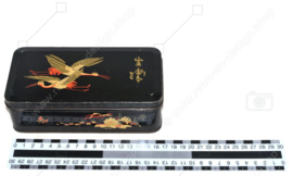 Vintage tea tin by DE GRUYTER with oriental bird decoration in black