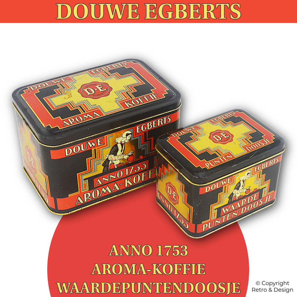 Lata de café Aroma y caja de puntos Douwe Egberts vintage – Diseño Art Déco (1989)