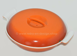 Brocante flamed orange cast iron three-compartment dish or casserole made by DRU with heavy cast iron lid