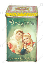 Vierkant vintage cacaoblik met los deksel, "Droste's Cacao", Twee Haarlemse Meisjes