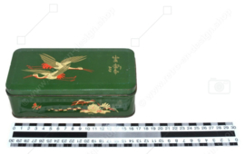 Vintage tea tin by DE GRUYTER with oriental bird decoration in green