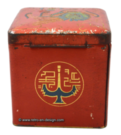 Vintage cube shaped tin with oriental motifs for VAN NELLE LOTUS THEE