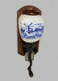 Vintage wall coffee grinder with a Dutch scene, complete with lid and glass receptacle