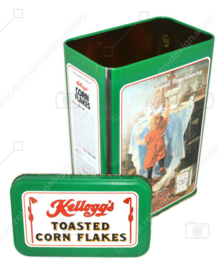 Vintage tin of Kellogg's Cornflakes, green storage tin, There's a Good Time Coming