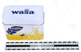 Boîte vintage en jaune, blanc et bleu fabriquée par Wasa pour ranger des crackers