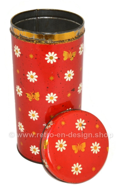 Rode vintage beschuitbus voor ARK met bloemen, vlinders en sterren