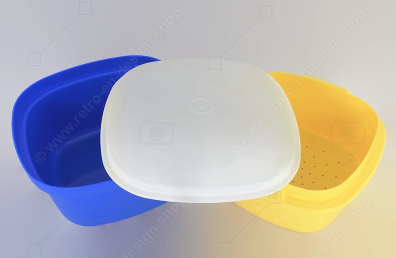 Multi-serveur Tupperware vintage aux couleurs vives en bleu, jaune et blanc