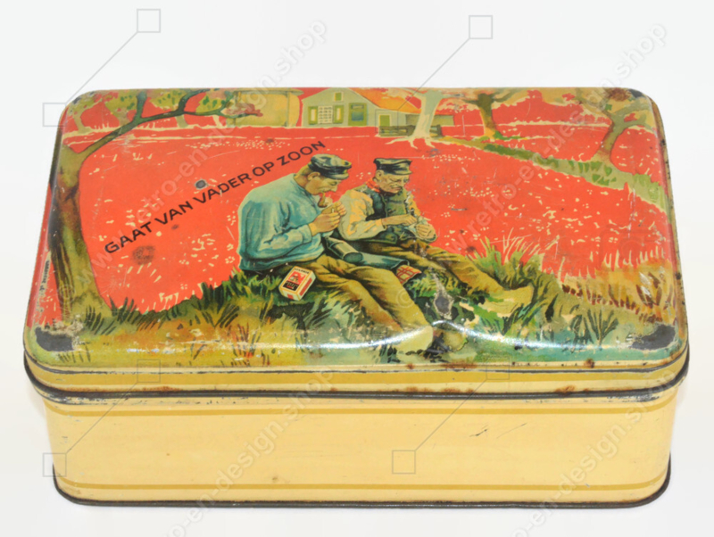 Boîte vintage pour tabac à pipe de Van Nelle, avec décor père et fils