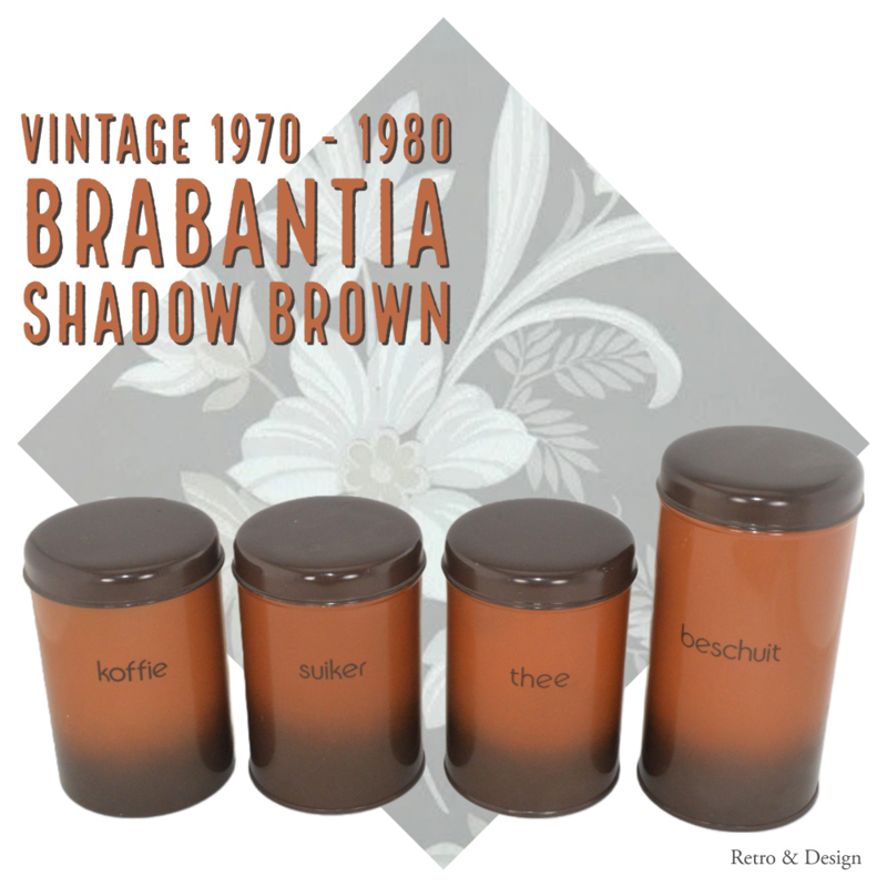 Vintage set voorraadblikken voor Koffie, Thee, Suiker en Beschuit. Decor "Shadow Brown"