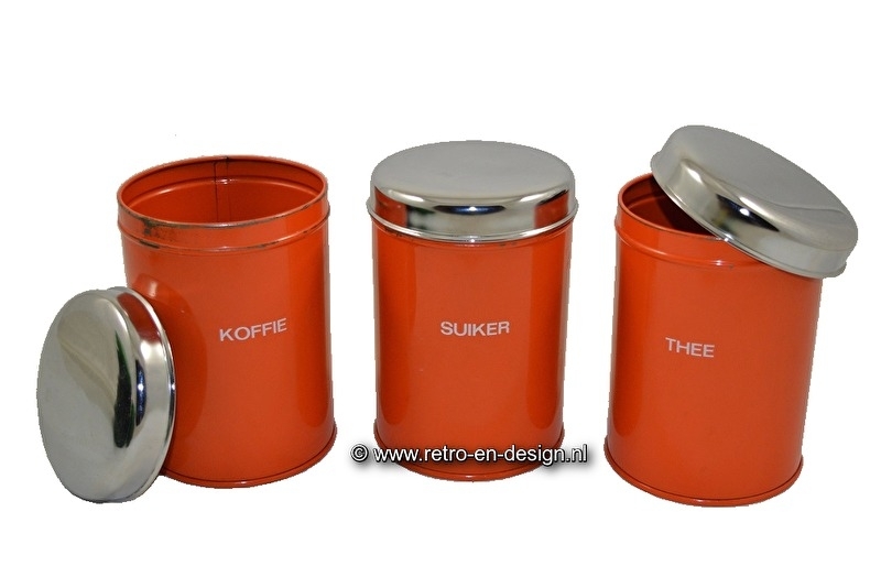 of three orange canisters by Brabantia: koffie, thee, | R C H I V E ( sold out ) | Retro & Design - 2nd hand collectibles - Webshop for Retro-Vintage home accessories