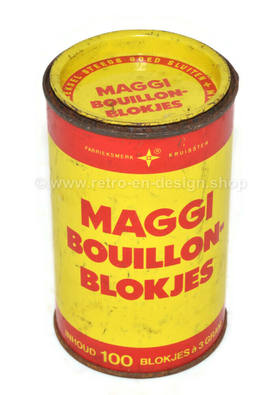 Geel met rode vintage blikken bus voor MAGGI bouillonblokjes