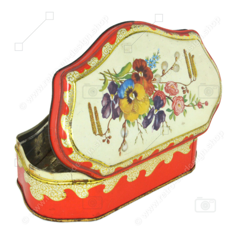 Lata de té vintage roja festoneada de DE GRUYTER con decoración floral