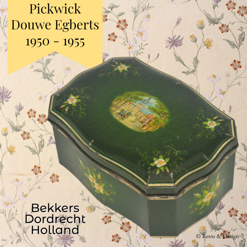Groene vintage blikken Douwe Egberts trommel op pootjes voor Pickwick thee