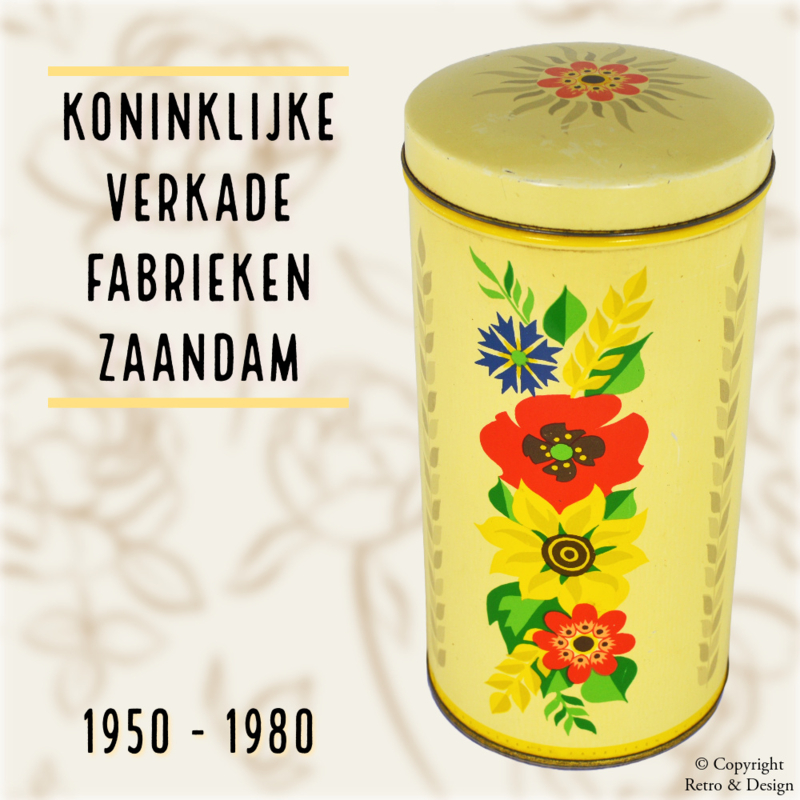 Cilindrisch geel vintage beschuitblik van Verkade met gekleurde bloemen: Een historische reis (1950-1980)
