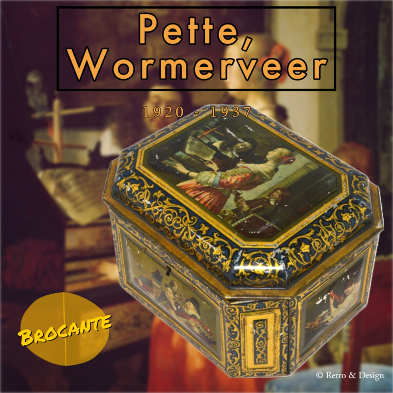 Rijkelijk gedecoreerd vintage blik voor cacoapoeder van Pette te Wormerveer