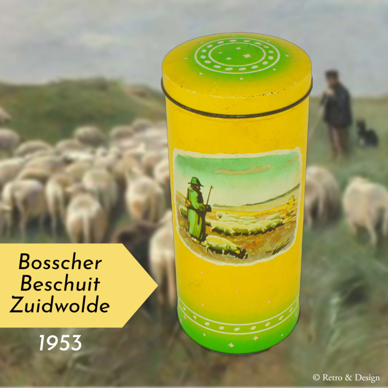 Blikken vintage geel-groene beschuitbus van Bosscher Beschuit Zuidwolde