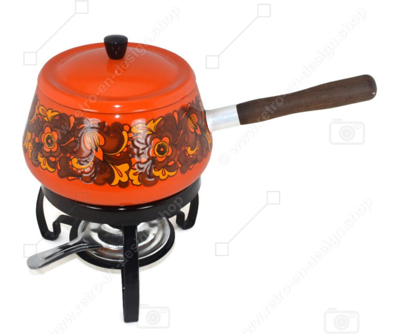 Vintage enamel orange fondue set made by Brabantia with floral pattern and wooden handle