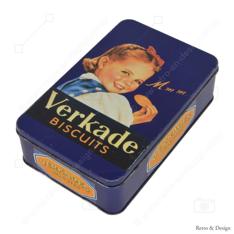 Boîte à biscuits bleu vintage avec fille. M m m.. Verkade Biscuits