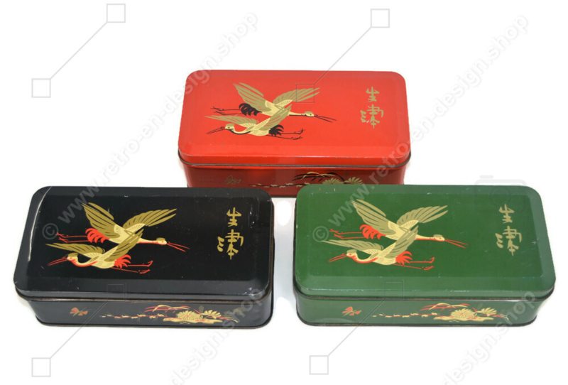 Vintage Teedosen von DE GRUYTER mit orientalischem Vogeldekor in grün, rot und schwarz