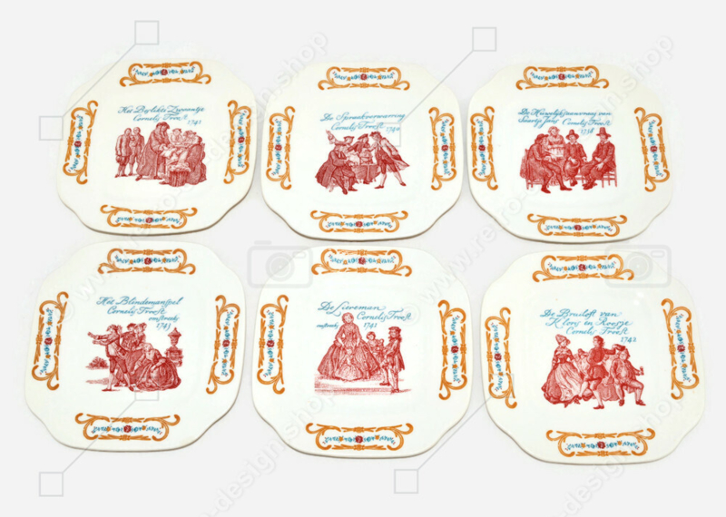 Seis platos de pastel vintage de Boch Laviére, hechos en Bélgica con imágenes de Cornelis Troost