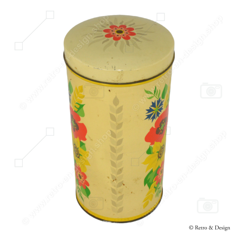 Zylindrische gelbe Vintage-Keksdose von Verkade mit farbigen Blumen