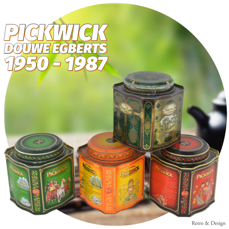 Serie van vier vintage theeblikken voor Pickwick Thee van Douwe Egberts