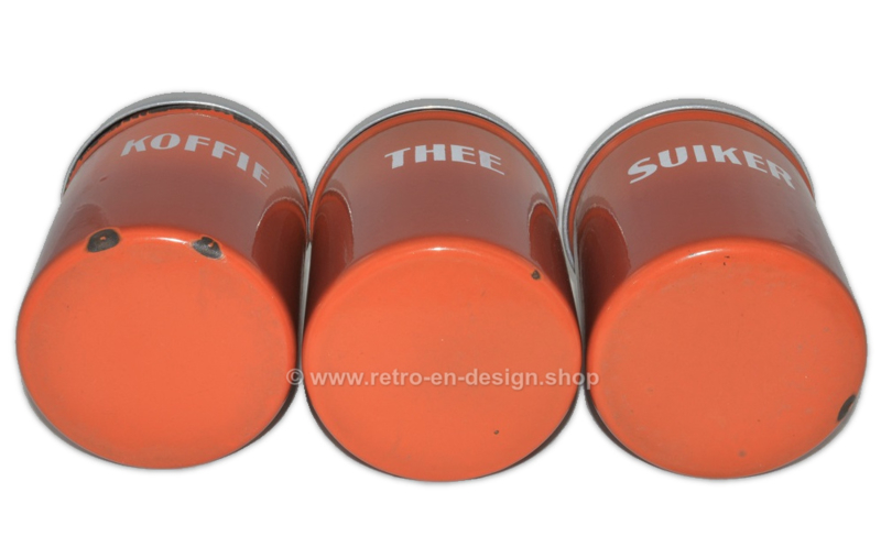 Brocante/antique set of orange-brown enamel storage containers for coffee, sugar and tea (Dutch)