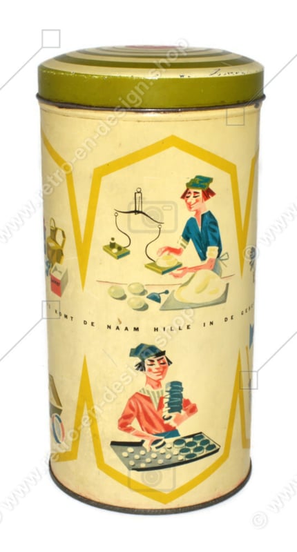 Vintage round cylindrical Hille rusk tin with drawings of the work of a rusk baker