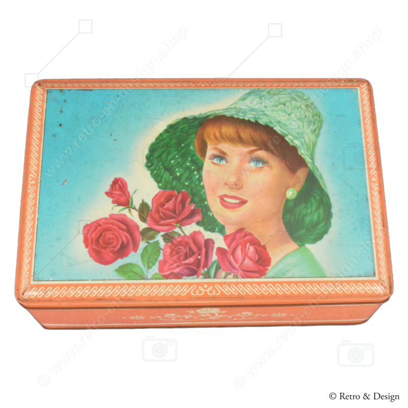 Middelgroot vintage toffeeblik van Lonka met nostalgische afbeelding van vrouw met rozen