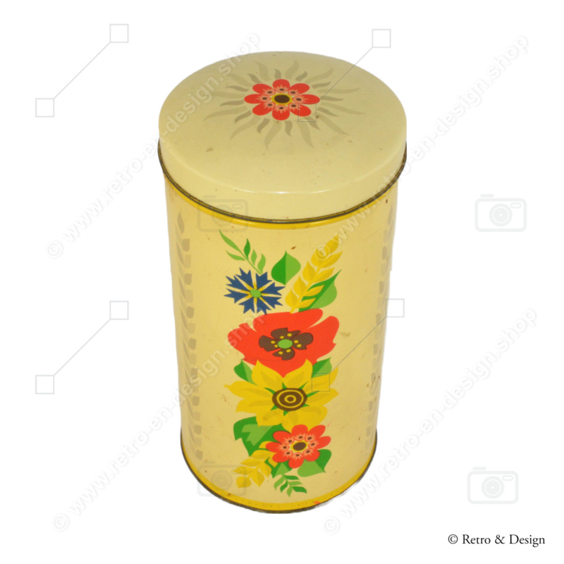 Zylindrische gelbe Vintage-Keksdose von Verkade mit farbigen Blumen