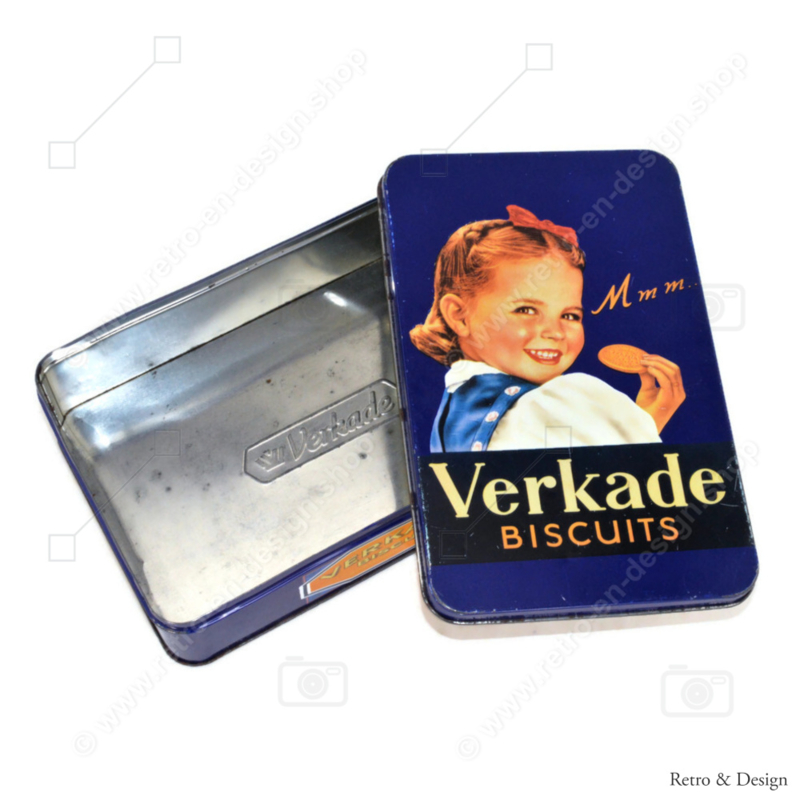 Boîte à biscuits bleu vintage avec fille. M m m.. Verkade Biscuits