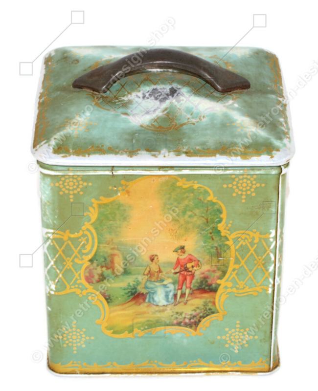 Vintage tinnen theeblik in kubusvorm met handgreep en romantische taferelen