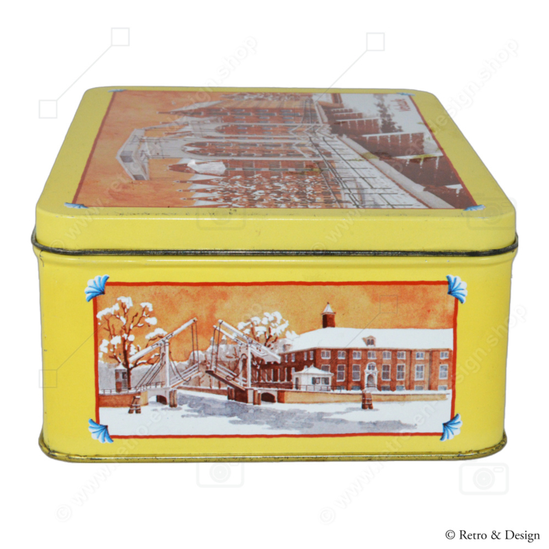 Vintage blikken trommel voor koek van Verkade met afbeeldingen van Amsterdam