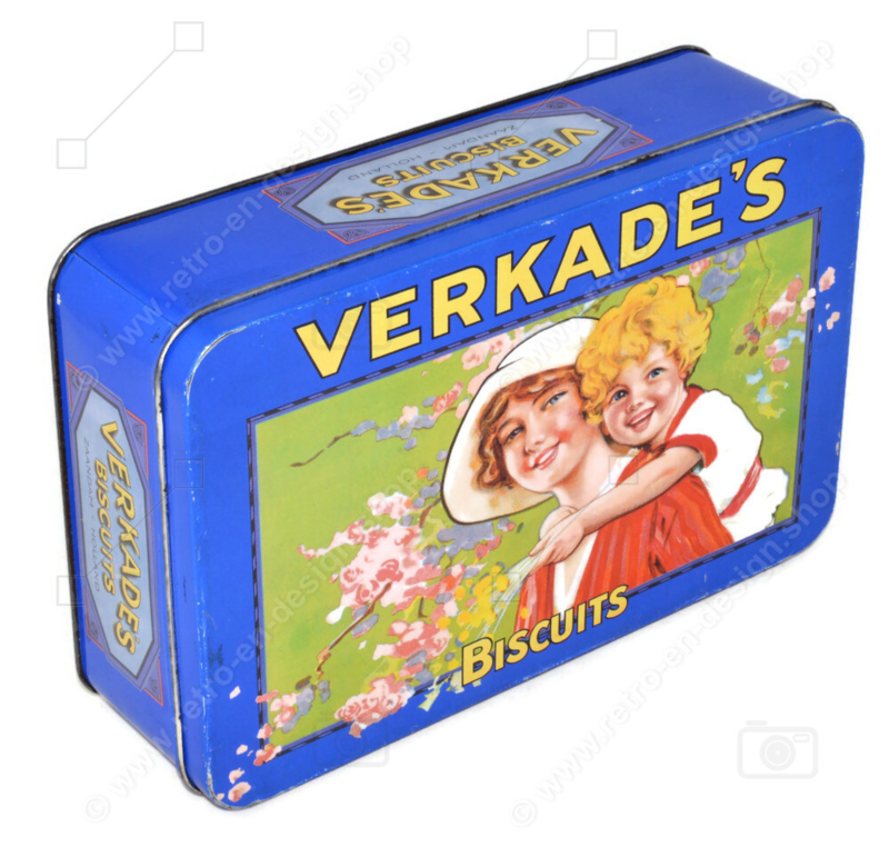 Vintage meerkleurig blik van Verkade met moeder en kind in nostalgisch design