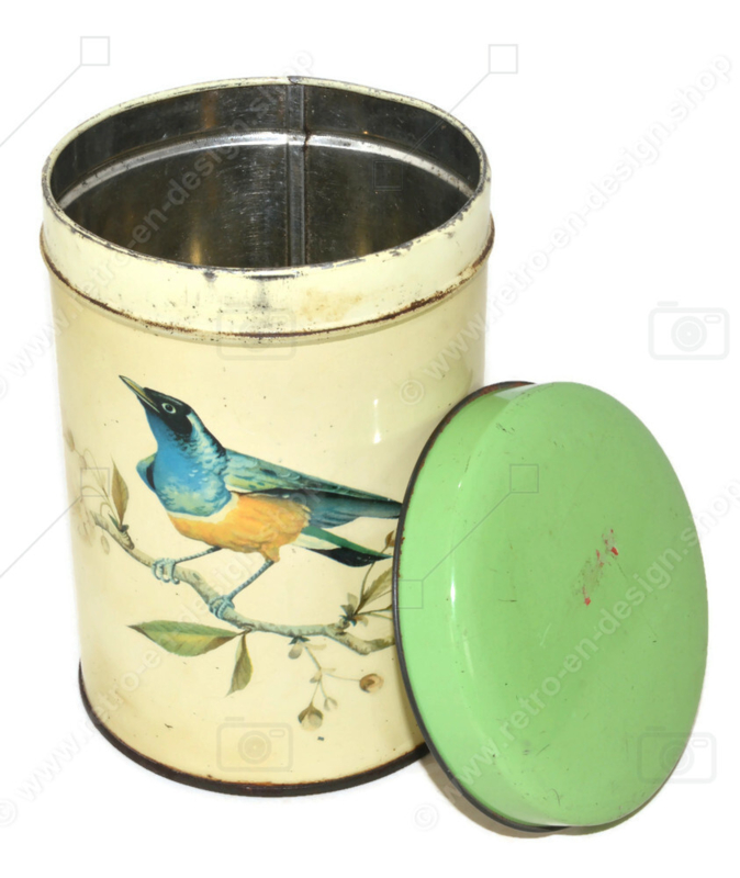 Vintage hoog rond koekblik van De Gruyter met blauw-oranje vogel en groen deksel