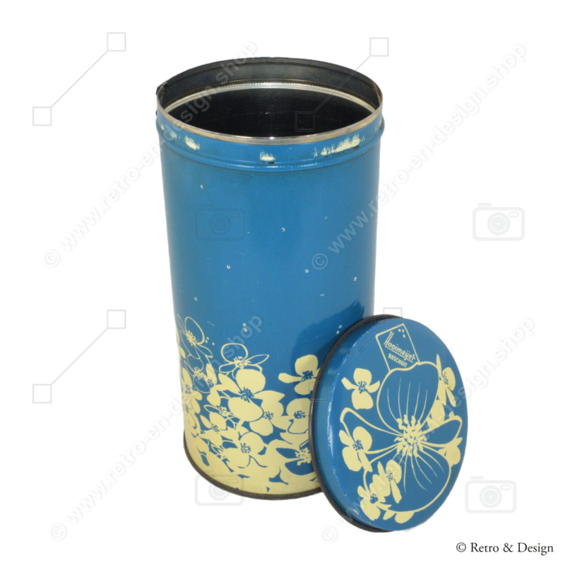 Vintage Hooimeijer Zwieback- oder Keksdose in blau, verziert mit weißen Blumen