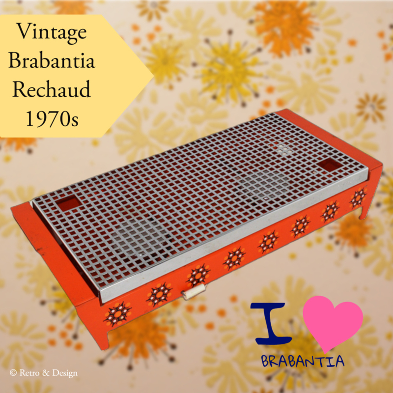 Vintage Brabantia Warmhalteplatte oder Chafing Dish, 2 Brenner mit Kerzenhalter. Orangefarbenes Modell mit Fantasiemuster