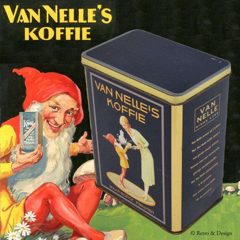 Vintage blik Van Nelle's Koffie, waarborgt kwaliteit. Met kabouter Piggelmee