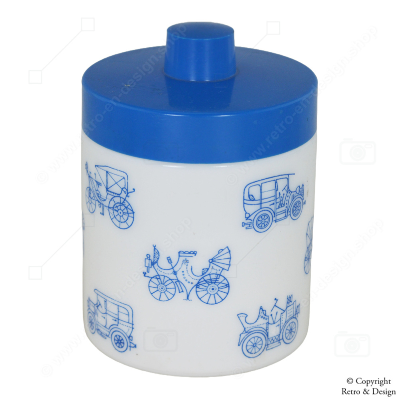 "Vintage opaline Mocha storage jar, blue with images of vintage cars"