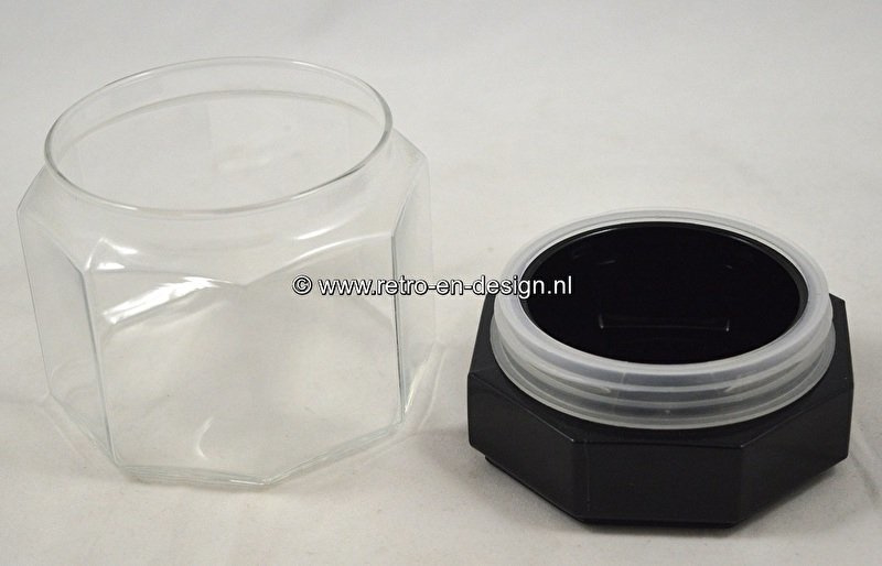 Lage glazen voorraadpot met zwarte afsluitdop van Arcoroc France, Luminarc Octime