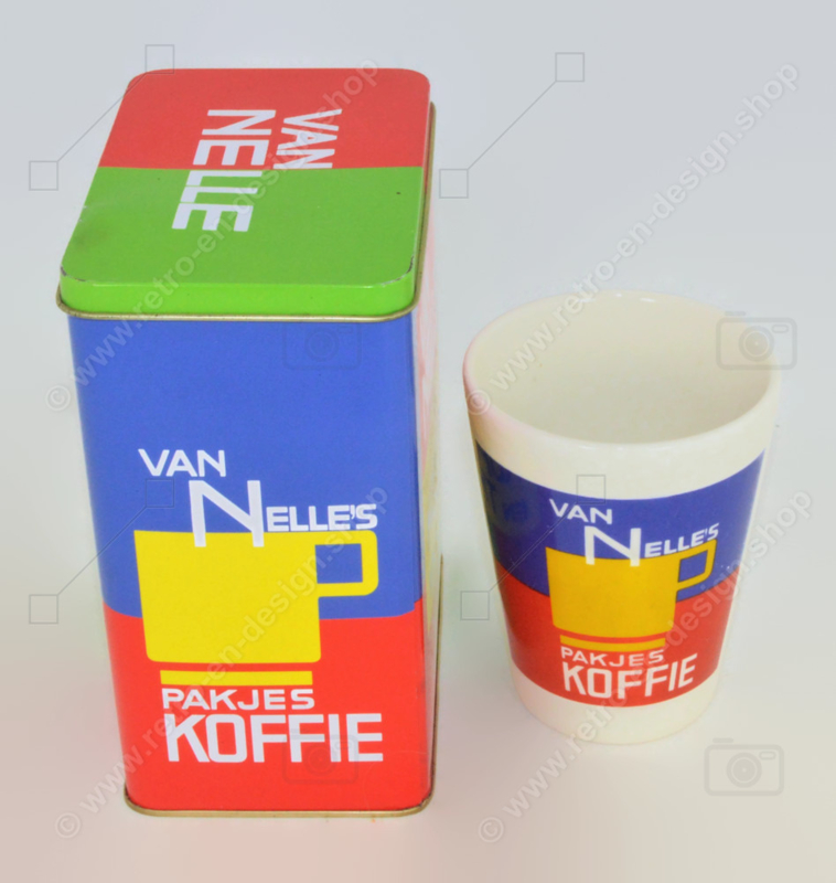 Van Nelle tin for coffee and tea with corresponding conical earthenware van Nelle cup  cup