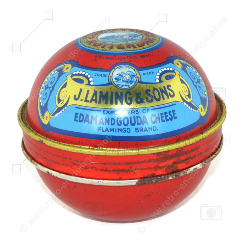 Vintage kaasblik in de vorm van een Edam-kaasbal van J. Laming & Sons, Rotterdam