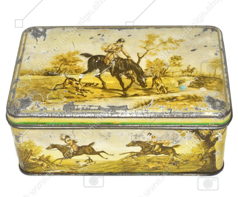 Vintage blikken trommel van De Gruyter met paarden en Engels jachttafereel, vossenjacht
