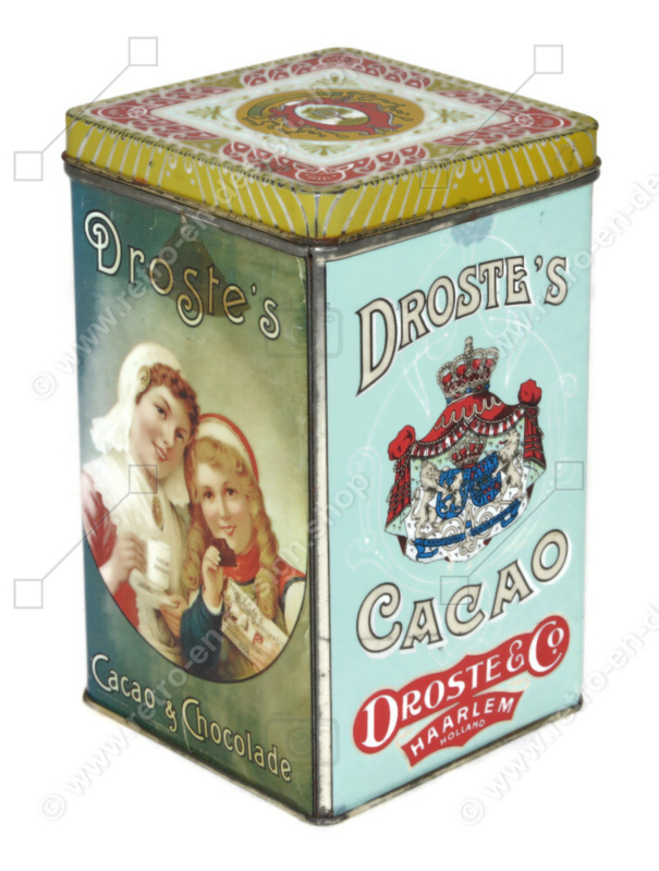 Vierkant vintage cacaoblik met los deksel, "Droste's Cacao", Twee Haarlemse Meisjes