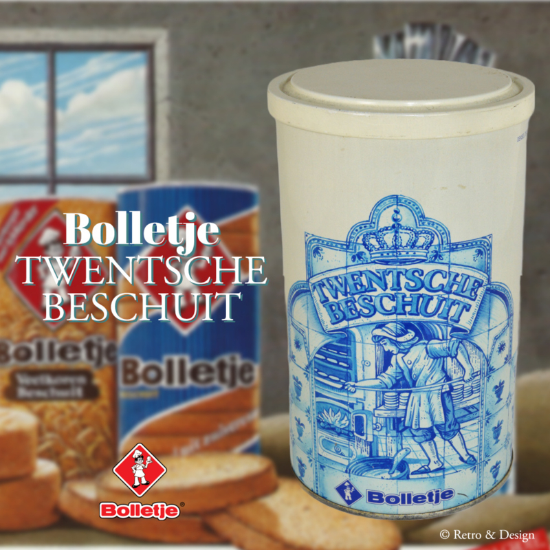 Weiße Zwiebackdose mit Darstellung einer alten niederländischen Bäckerei für Twente-Zwieback von BOLLETJE