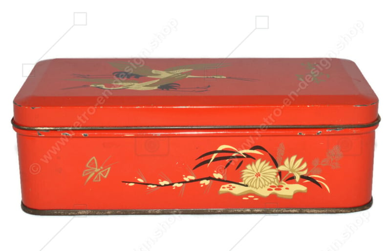 Vintage blikken theetrommel voor DE GRUYTER met oosters vogeldecor in rood