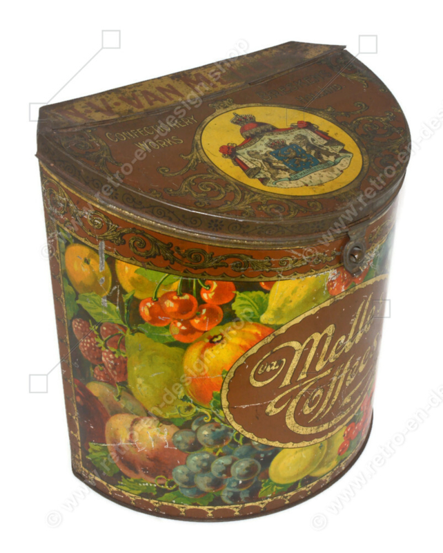 Farbige halbzylindrische Vintage-Dose für Van Melle Toffees mit Ventildeckel und Bild verschiedener Obstsorten