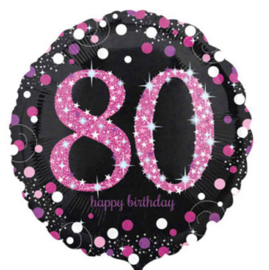 80 - Folie Ballon-Happy Birthday -Confetti - Fuchsia / Zwart  17 Inch / 43 cm.